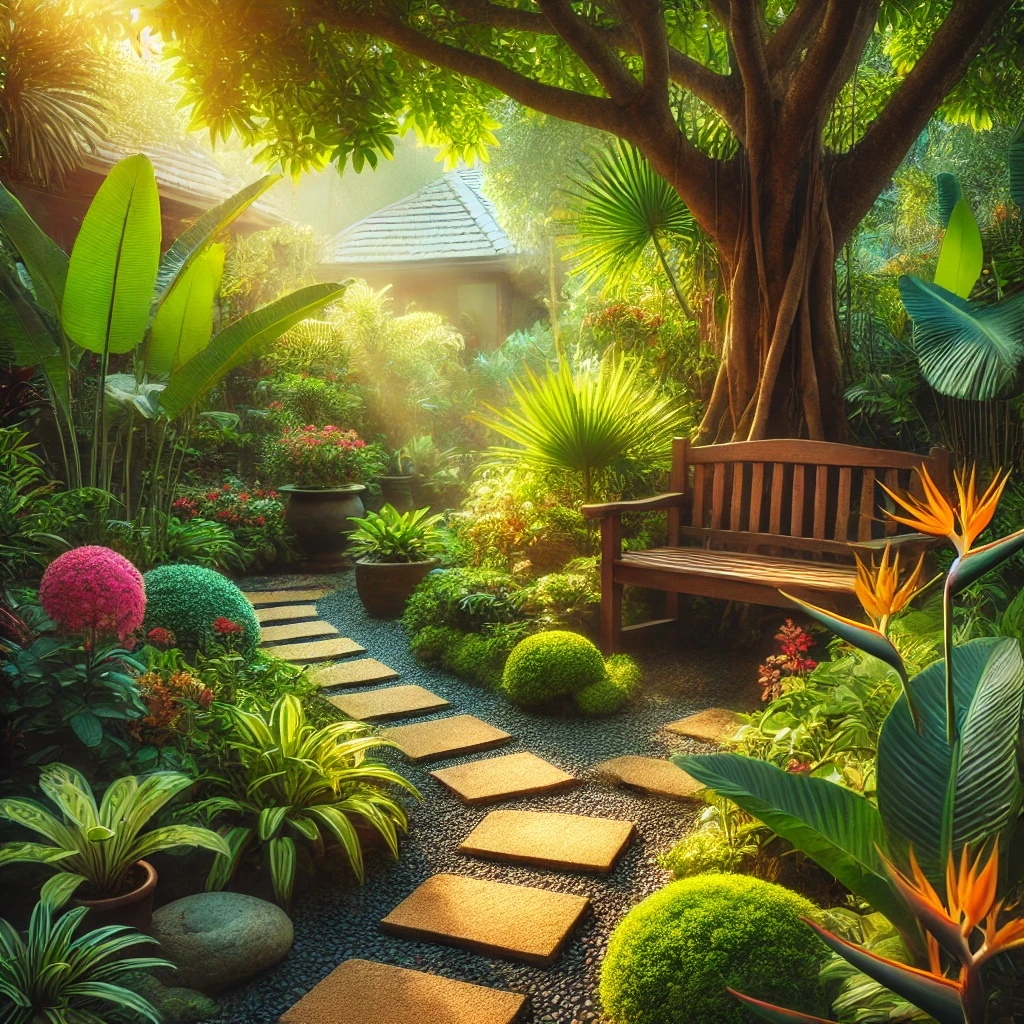 DALL·E 2025-01-26 18.39.20 - A beautiful tropical garden with lush green plants, colorful flowers, and a peaceful atmosphere. The garden has a small pathway made of stones leading