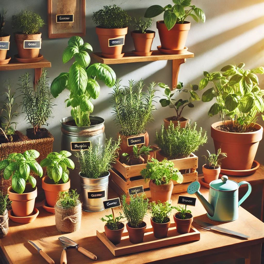 DALL·E 2025-01-26 18.39.23 - A charming home herb garden with various potted plants such as basil, rosemary, and mint. The garden is neatly arranged on a wooden shelf and a small