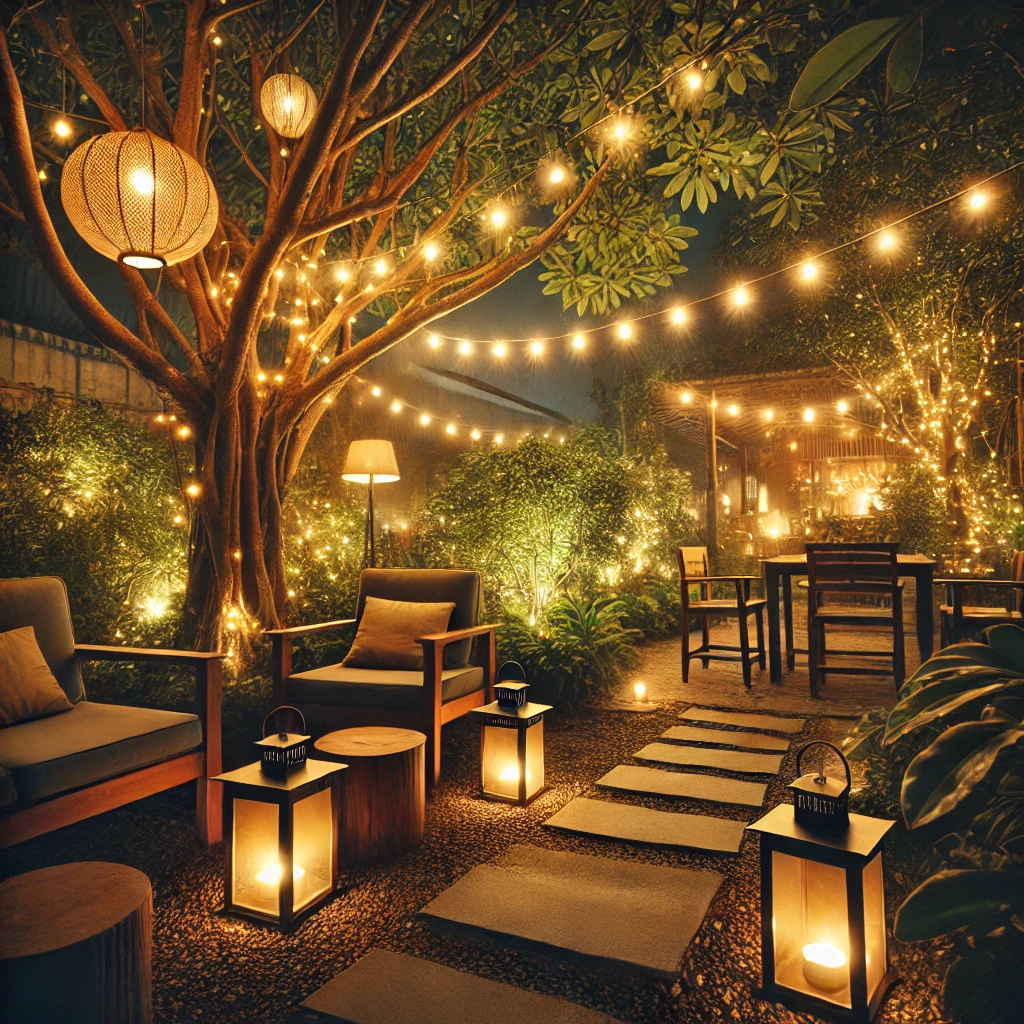 DALL·E 2025-01-26 18.39.25 - A cozy nighttime garden with warm string lights hanging from trees, softly illuminating the area. There are small lanterns placed along a stone pathwa